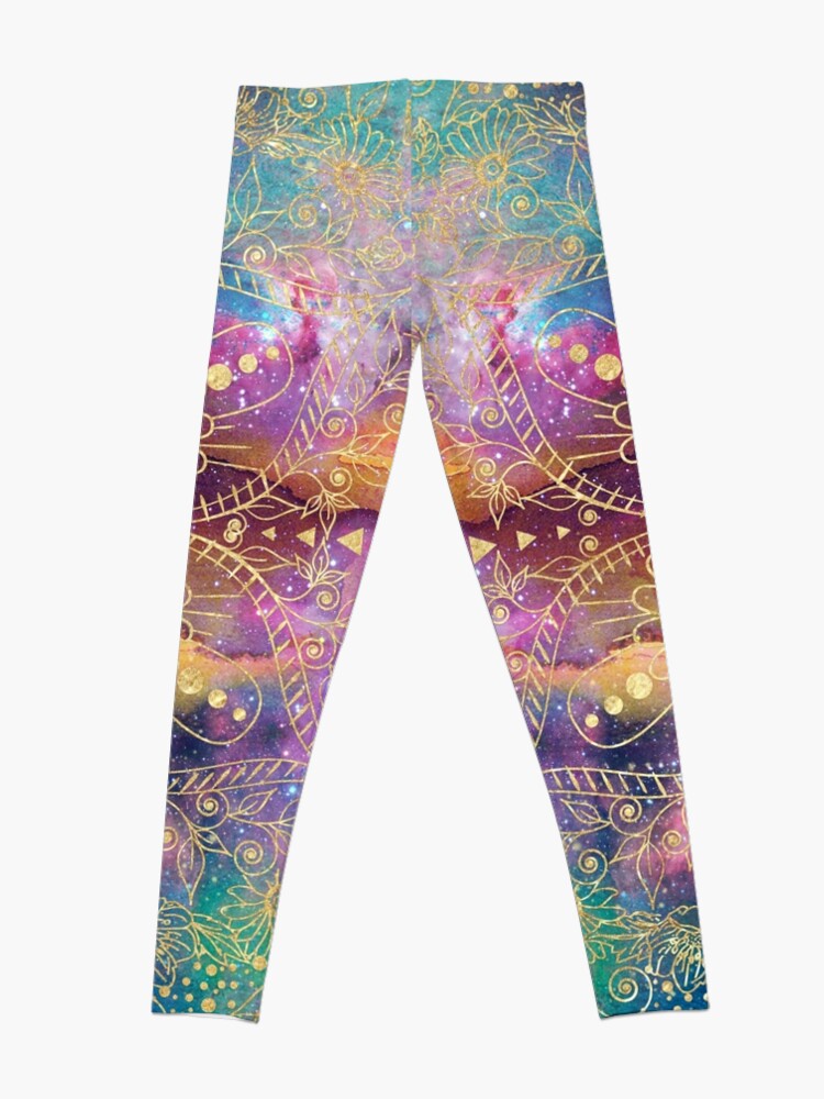Alternate view of Gold watercolor and nebula mandala Leggings