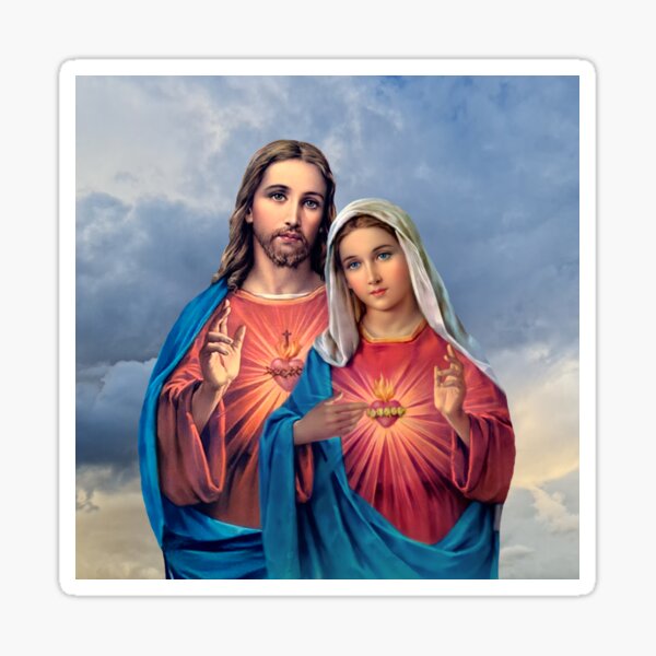 Twin Hearts very close together - I (Jesus and Mary) sky background Sticker