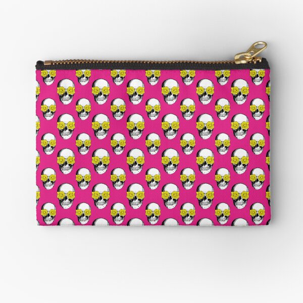 Skull and Roses Pattern | Skull and Flowers Pattern | Skulls and Skeletons | Vintage Skulls | Pink and Yellow | Zipper Pouch