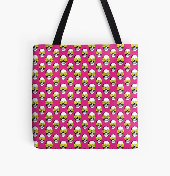 Skull and Roses Pattern | Skull and Flowers Pattern | Skulls and Skeletons | Vintage Skulls | Pink and Yellow | All Over Print Tote Bag