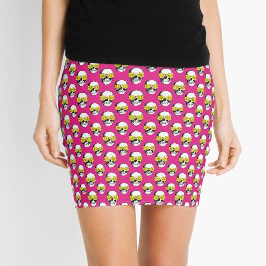 Skull and Roses Pattern | Skull and Flowers Pattern | Skulls and Skeletons | Vintage Skulls | Pink and Yellow | Mini Skirt