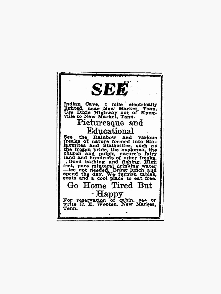 "Indian Cave, Blaine, TN Original Newspaper Ad" Sticker for Sale by