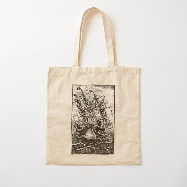 Vintage Kraken attacking ship illustration Cotton Tote Bag