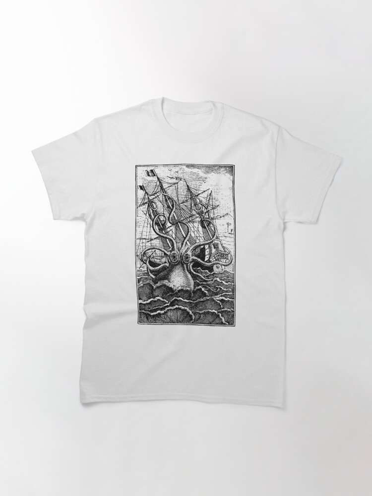Classic T-Shirt, Vintage Kraken attacking ship illustration designed and sold by monsterplanet