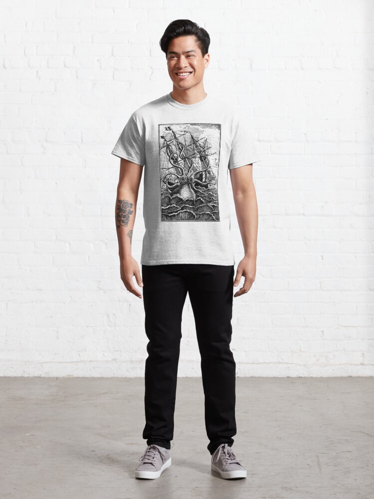 Classic T-Shirt, Vintage Kraken attacking ship illustration designed and sold by monsterplanet