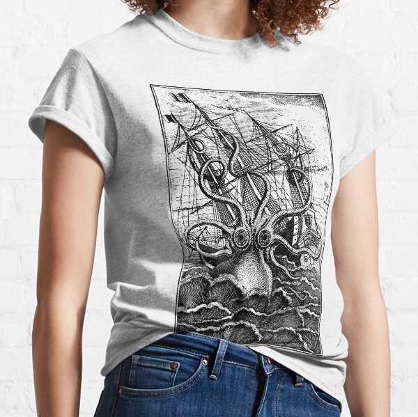 Illustration de navire attaquant Kraken Vintage T-shirt classique