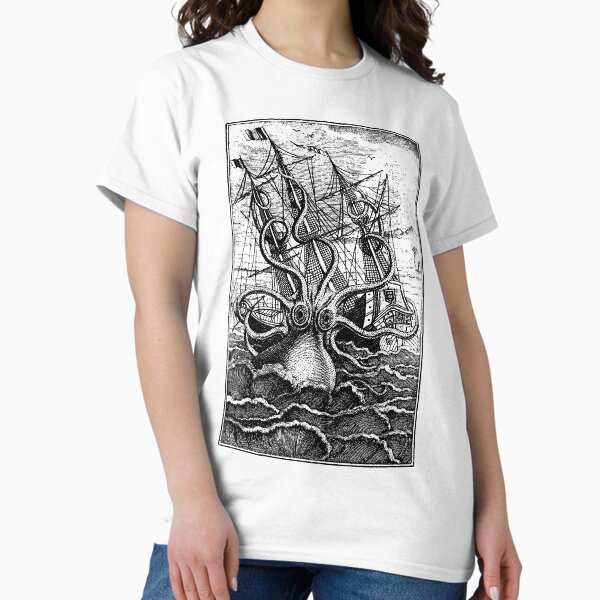 Item preview, Vintage Kraken attacking ship illustration designed and sold by monsterplanet.