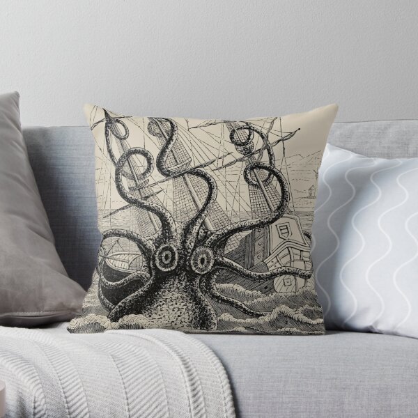 Vintage Kraken attacking ship illustration Throw Pillow