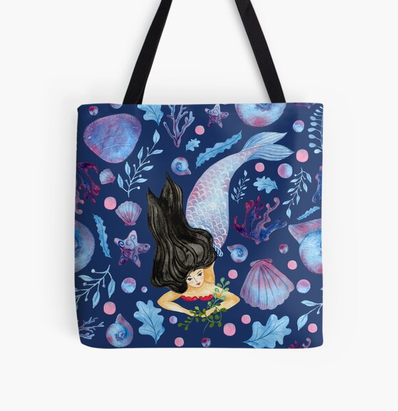 Blue ocean mermaid illustration art  All Over Print Tote Bag