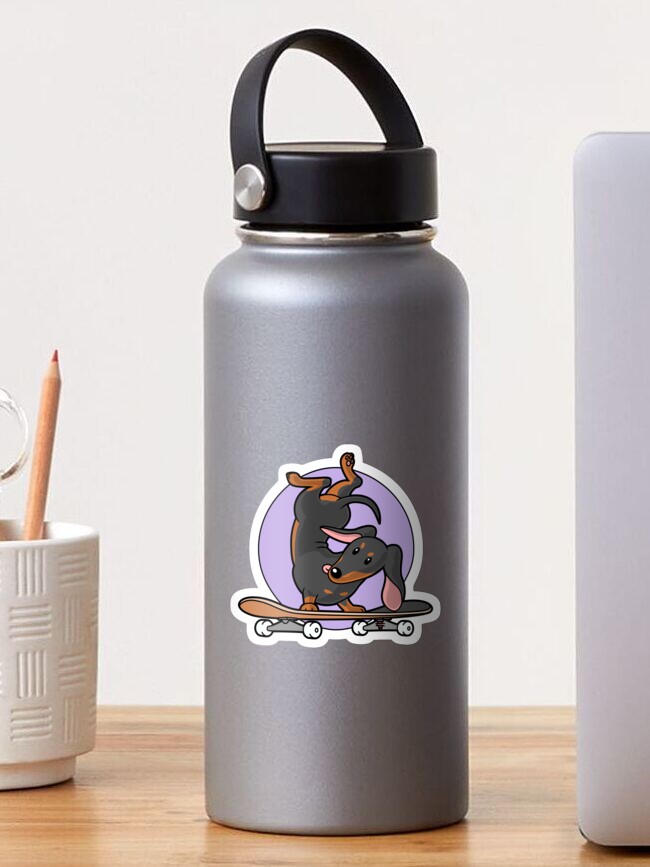 Thumbnail 1 of 3, Sticker, Black Dachshund Wiener Sausage Dog on Skateboard designed and sold by etourist.