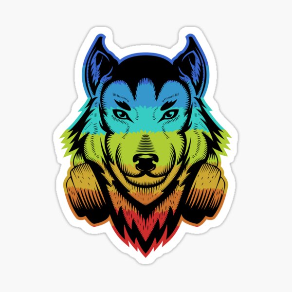 Multicolored wolf head in headphones Sticker