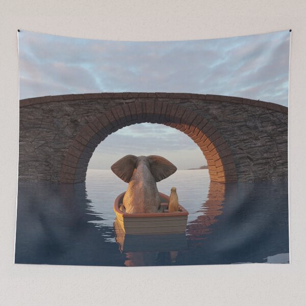 Item preview, elephant and dog float in a boat under the bridge 2 designed and sold by Mike Kiev art.