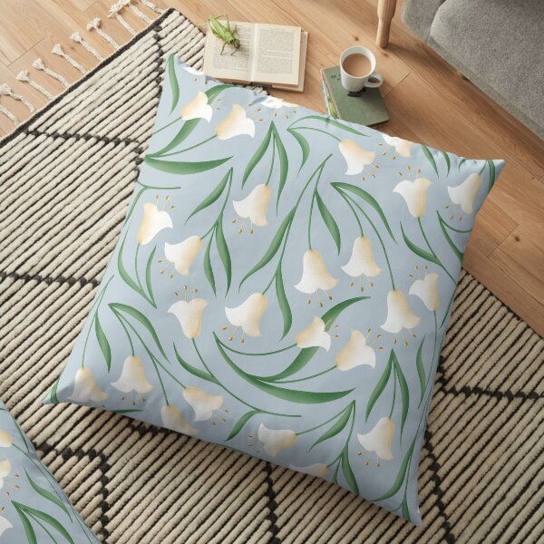 Pequeñas Tulipas Blancas, Estampado Floral con Flores Campanillas, Lirio del Valle, Ilustración Floral Cojines de suelo