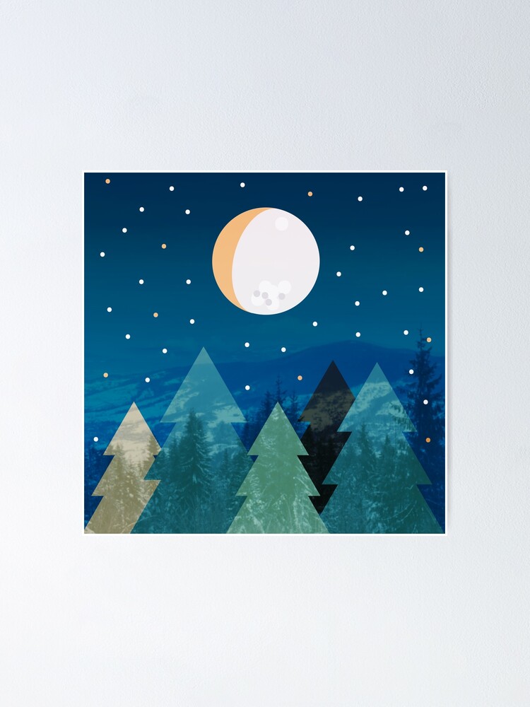 Póster «Bosque de coníferas con el fondo del cielo azul oscuro. Luna llena.  Dibujo» de aquapixel | Redbubble