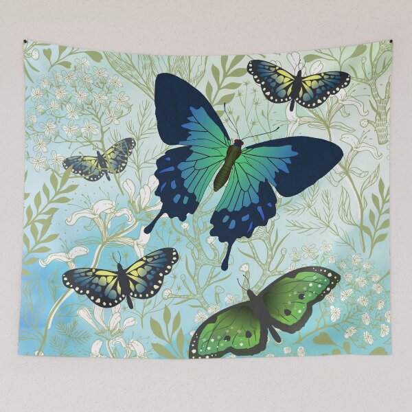 Item preview, Blue and Green Butterflies with Green and White Wildflower Background designed and sold by FringyGingy.