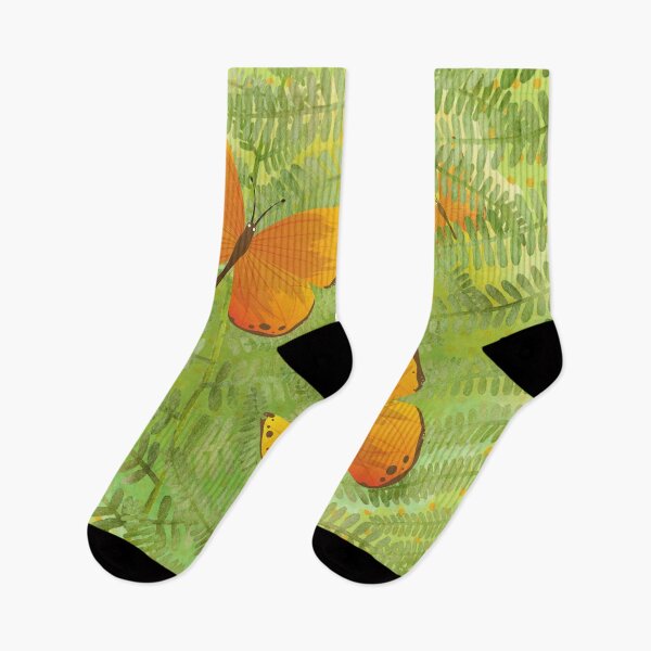 Item preview, Orange Butterflies on Bright Green Ferns with Orange Polka Dots designed and sold by FringyGingy.