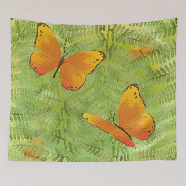 Item preview, Orange Butterflies on Bright Green Ferns with Orange Polka Dots designed and sold by FringyGingy.