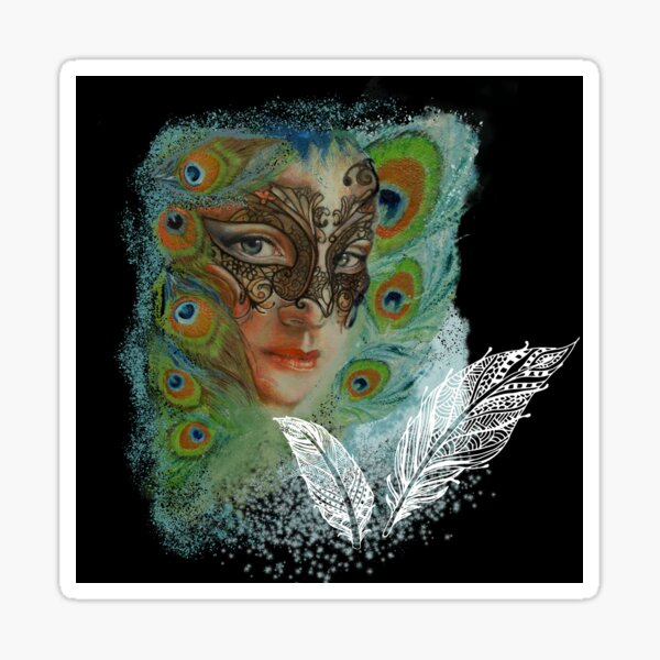 Mask lady and Peacock Feathers in Black Sticker