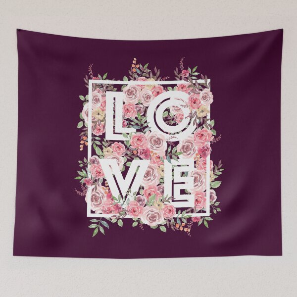 Item preview, "LOVE" on luscious floral background designed and sold by Happy Puppy Print On Demand.