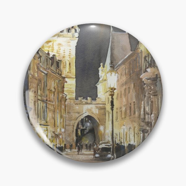 Item preview, Bell tower of Charles Bridge in the medieval city of Prague, Czech Republic at night.  Prague watercolor painting designed and sold by rfoxphoto.