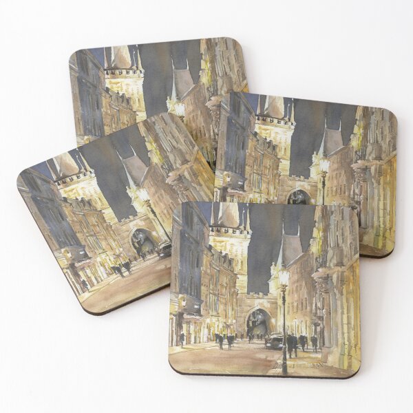 Item preview, Bell tower of Charles Bridge in the medieval city of Prague, Czech Republic at night.  Prague watercolor painting designed and sold by rfoxphoto.
