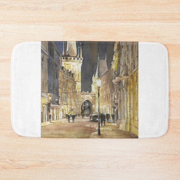 Item preview, Bell tower of Charles Bridge in the medieval city of Prague, Czech Republic at night.  Prague watercolor painting designed and sold by rfoxphoto.