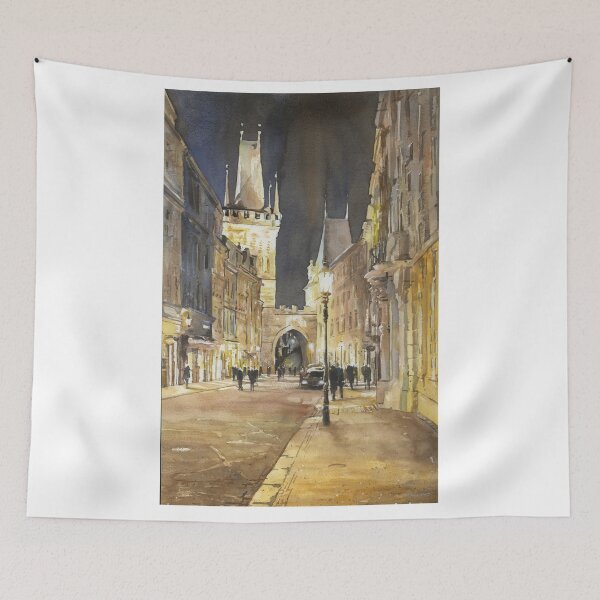 Item preview, Bell tower of Charles Bridge in the medieval city of Prague, Czech Republic at night.  Prague watercolor painting designed and sold by rfoxphoto.