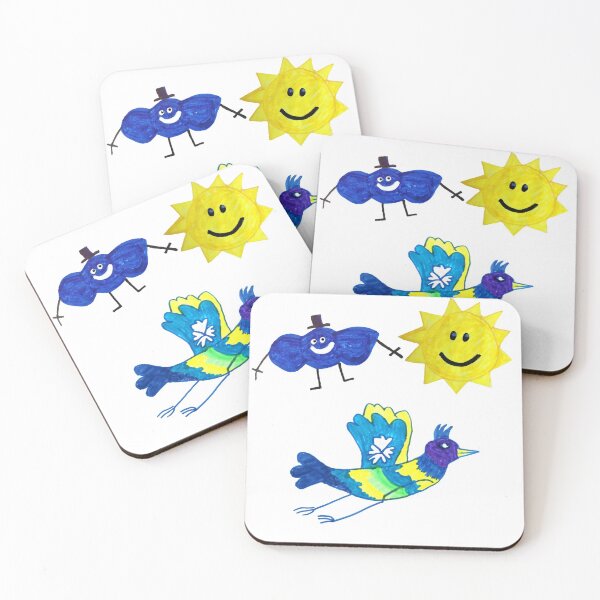 Item preview, Blue yellow cartoon sun cloud bird Bohemian Whimsical ART designed and sold by BHHELKA.