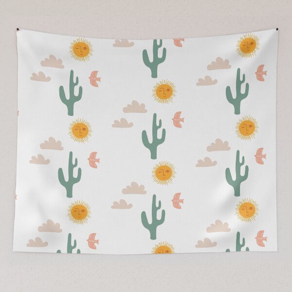 Item preview, Boho Aesthetic Landscape Southwest Cactus and Sun - white background designed and sold by DesignLabMedia.