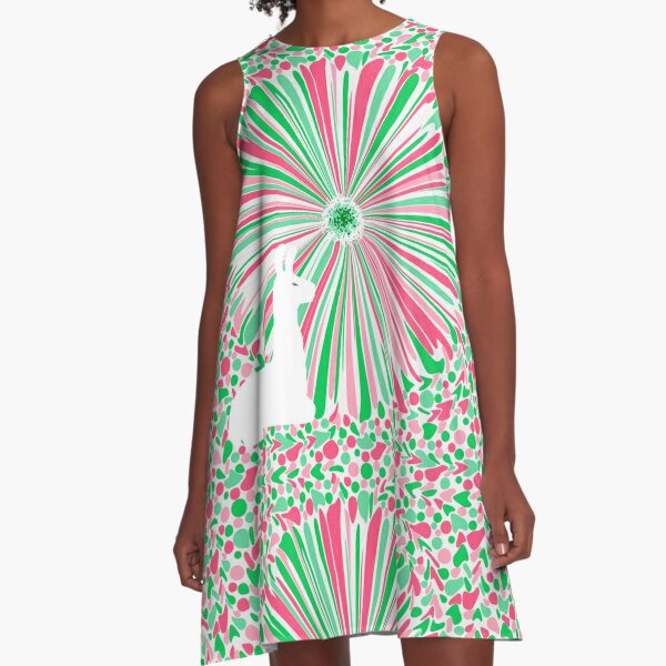 White llama on pink and green flower A-Line Dress