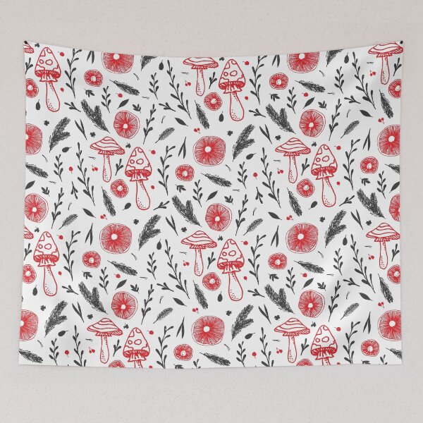 Item preview, Hand drawn mushrooms seamless vector pattern. Mushroom caps, berries, fir branches, fir needles leaves designed and sold by Kizuneko.