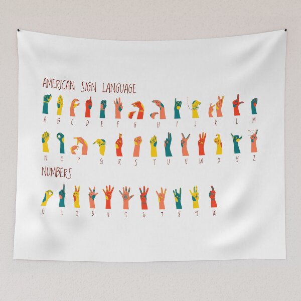 Item preview, American sign language alphabet and numbers horizontal poster with ornament on hands. Different skin colors vector illustration for ASL education poster designed and sold by annetc-designs.