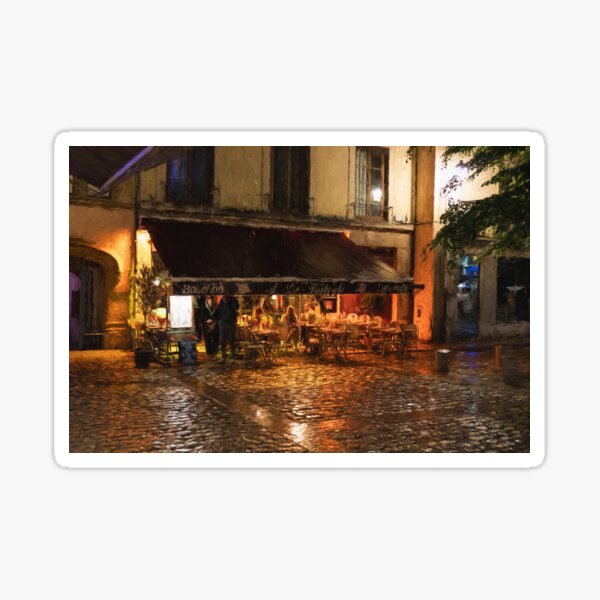 Bouchon in the rain in old Lyon, France. Digital impressionist painting Sticker