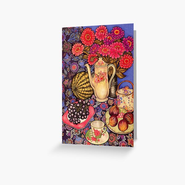 Zinnias, Fruit & Coffee Pot Greeting Card