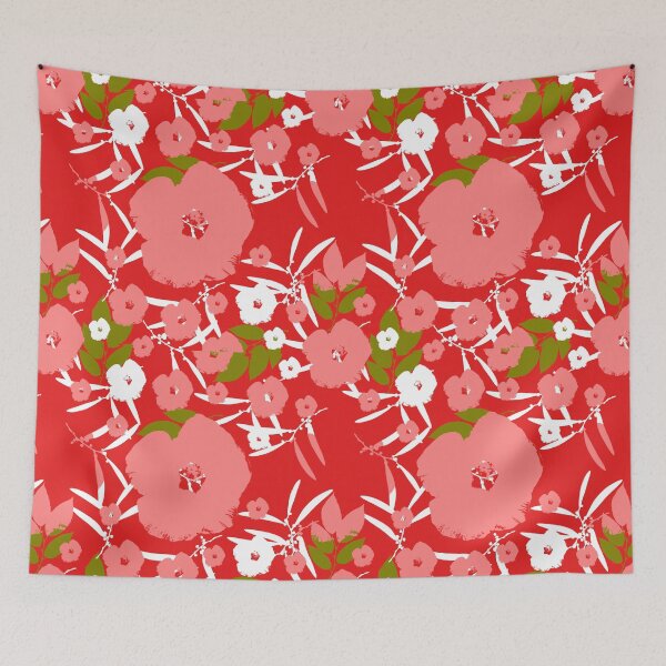 Item preview, Bold Blossoms - Coral, White and Green on Red designed and sold by AlteredAtelier.