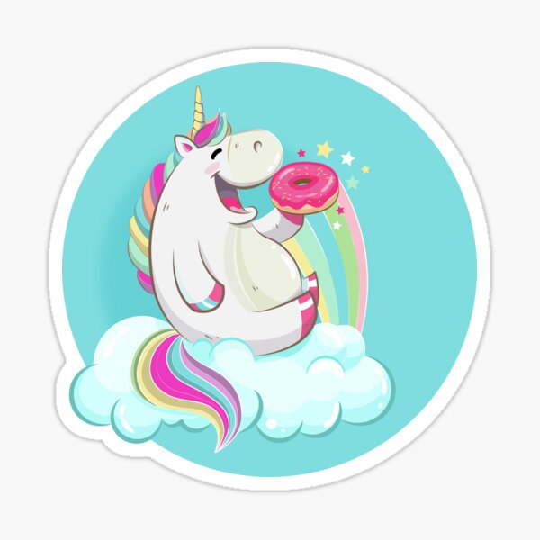Happy Unicorn eating a jelly Donut on a cloud with a magic Rainbow Sticker