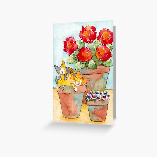 Sleeping Kittens and Geraniums Greeting Card