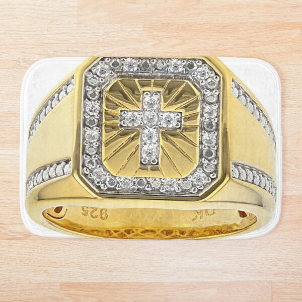 White Cubic Zirconia 18K Yellow Gold Over Sterling Silver Men&#39;s Cross Ring 0.37ctw Bath Mat
