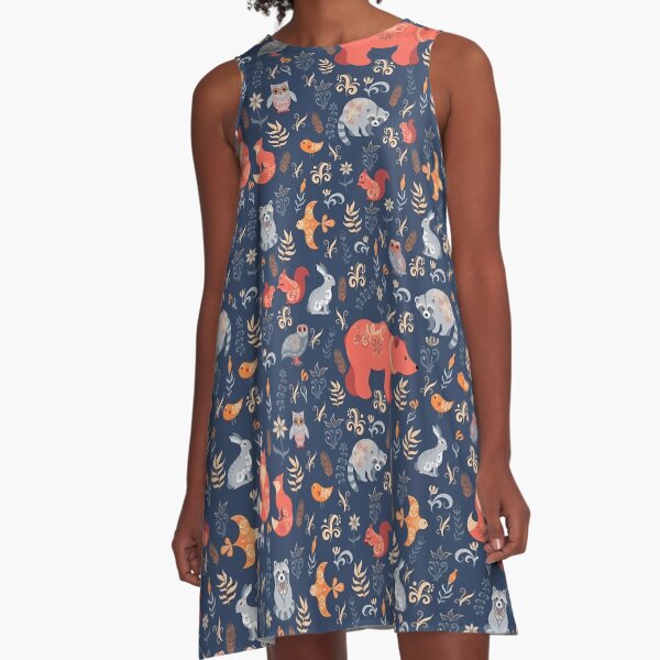 Fairy-tale forest. Fox, bear, raccoon, owls, rabbits, flowers and herbs on a blue background. Leggin A-Line Dress