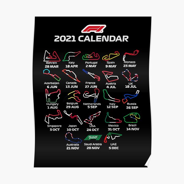 Calendario de la temporada F1 2021 con diseño de pista Fórmula 1 Póster