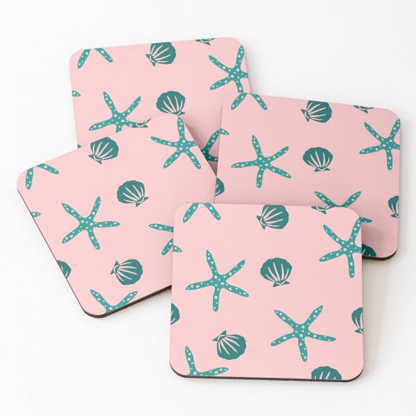 Item preview, Green stars and shells on pink background - Pattern designed and sold by Charlotte Lorge.