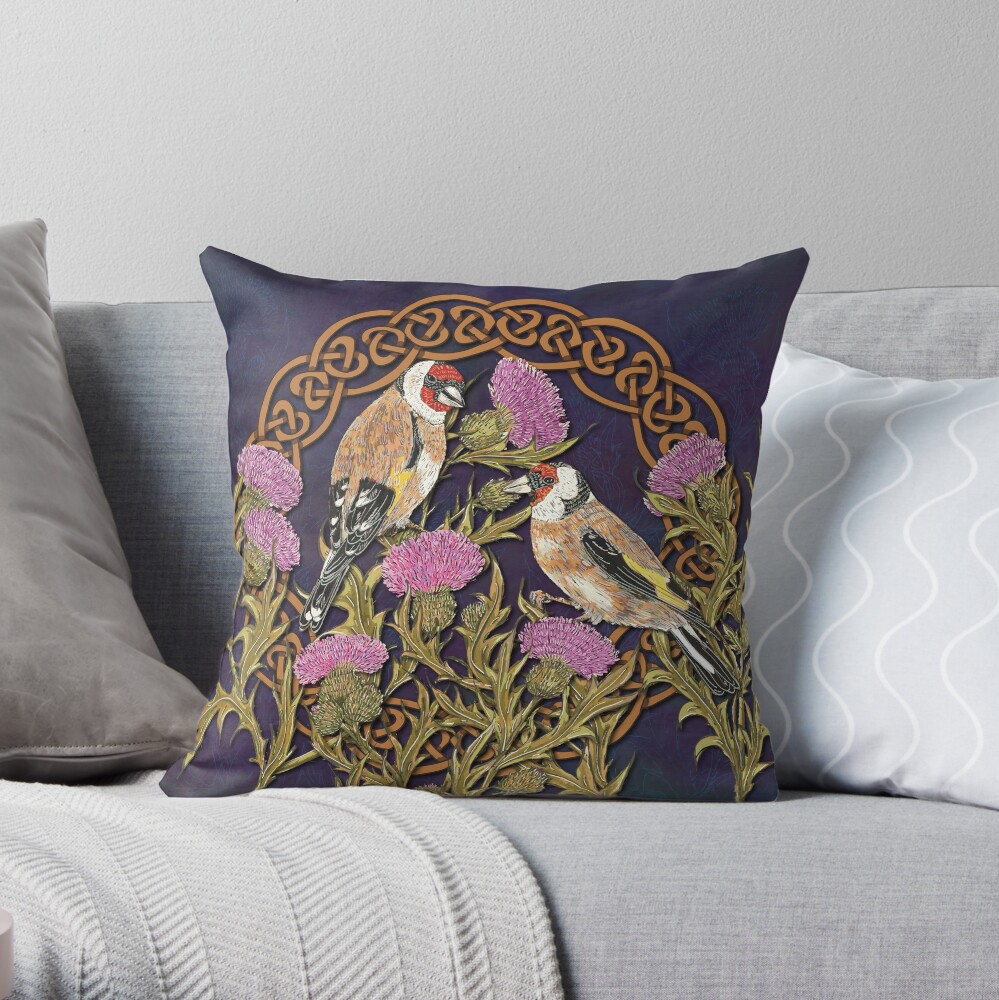 Goldfinches & Thistles Celtic Knotwork Throw Pillow