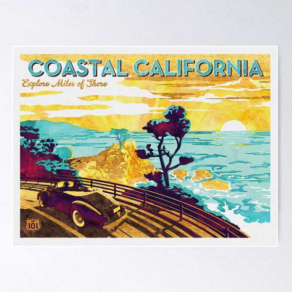 Item preview, Coastal California: Explore Miles of Shore. Pacific Coast Highway Vintage Poster Watercolor Painting on Canvas designed and sold by Erin Morris.