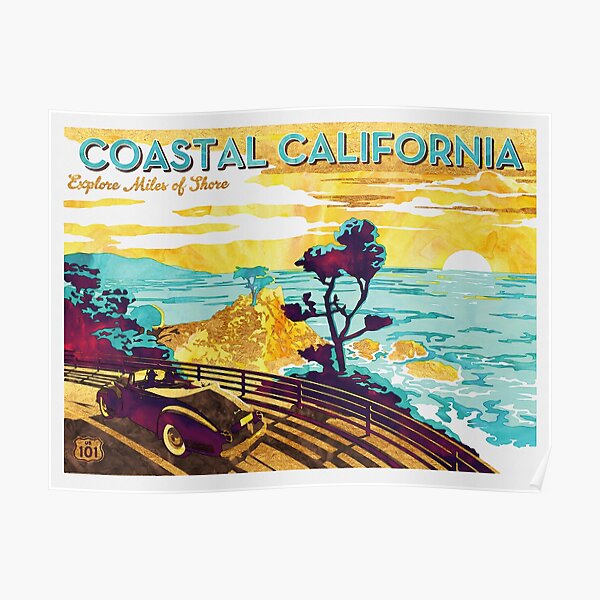 Coastal California: Explore Miles of Shore. Pacific Coast Highway Vintage Poster Watercolor Painting on Canvas Poster