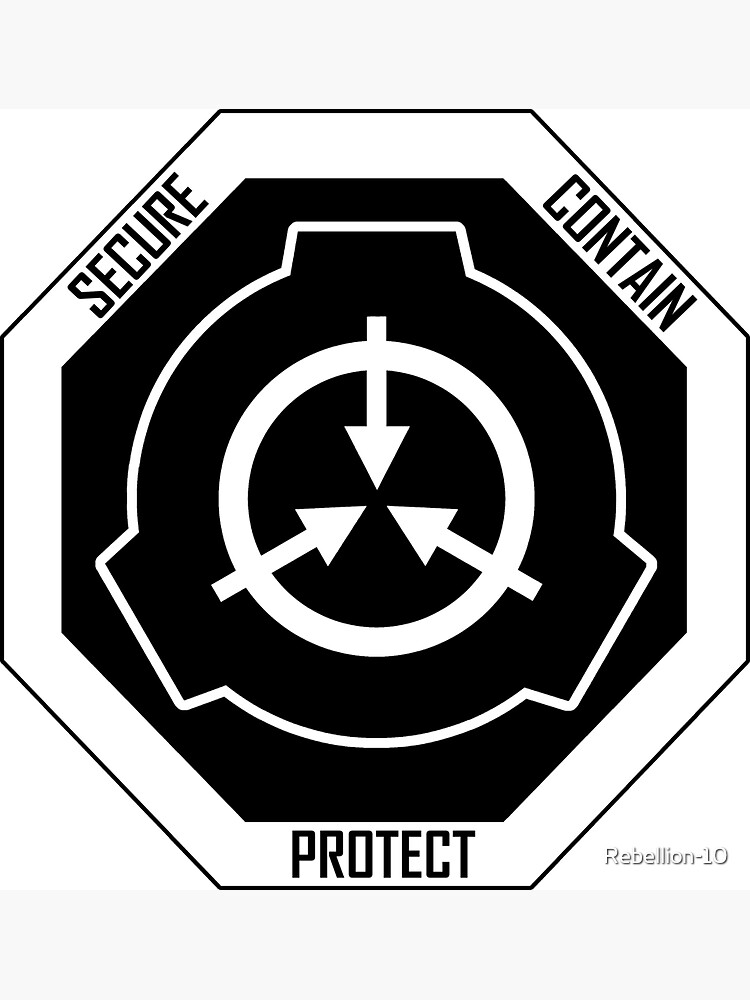 The symbol of the SCP Foundation in a crest variant containing their  unofficial motto of: Secure, contain, protect, if you're fa…