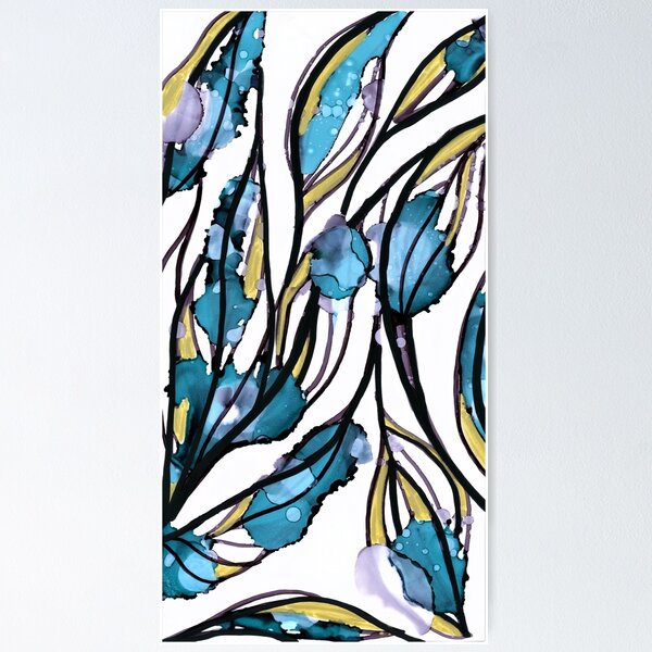 Item preview, Abstract Botanical Leaves Teal Mustard Black designed and sold by MyAbstractInk.