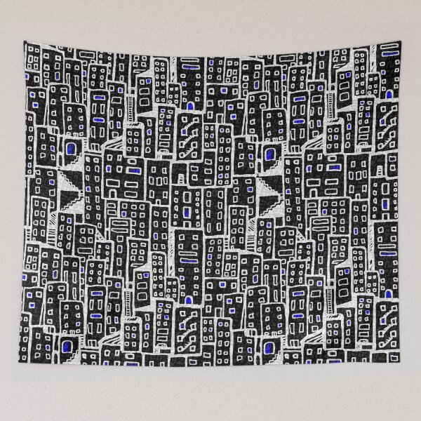 Item preview, City Pattern - Black and White, Blue Lights designed and sold by Michelebuttons.