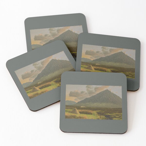 Item preview, Buachaille Etive Mhor and a green tent Glencoe, Lochaber, Scotland landscape designed and sold by Stravaigin.