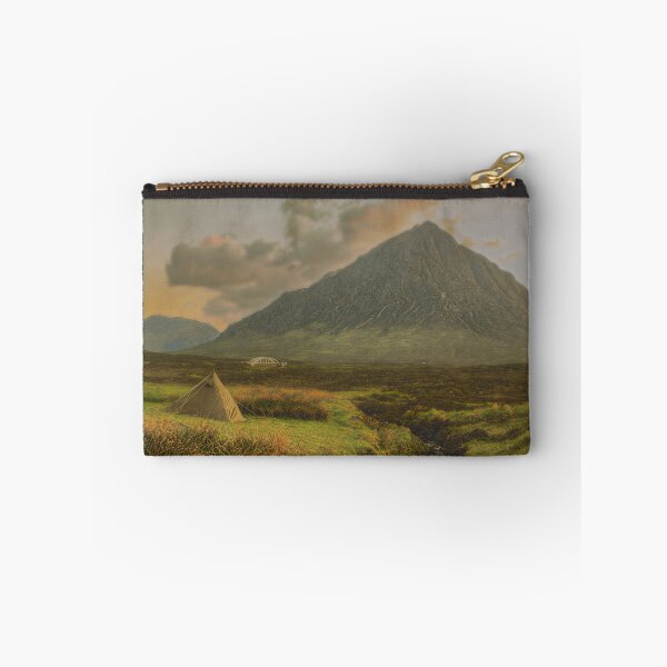 Item preview, Buachaille Etive Mhor and a green tent Glencoe, Lochaber, Scotland landscape designed and sold by Stravaigin.