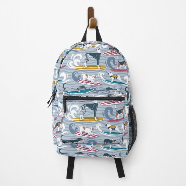 Item preview, Happy dogs catching waves // pastel blue background darker blue waves brown white and blue doggies yellow red and turquoise surf and bodyboards designed and sold by SelmaCardoso.